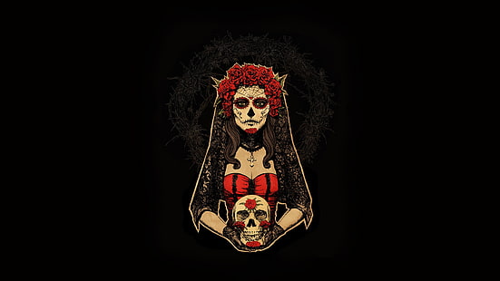 Dia de los Muertos, dzieło sztuki, kobiety, czaszka, minimalizm, ruda, proste tło, Tapety HD HD wallpaper
