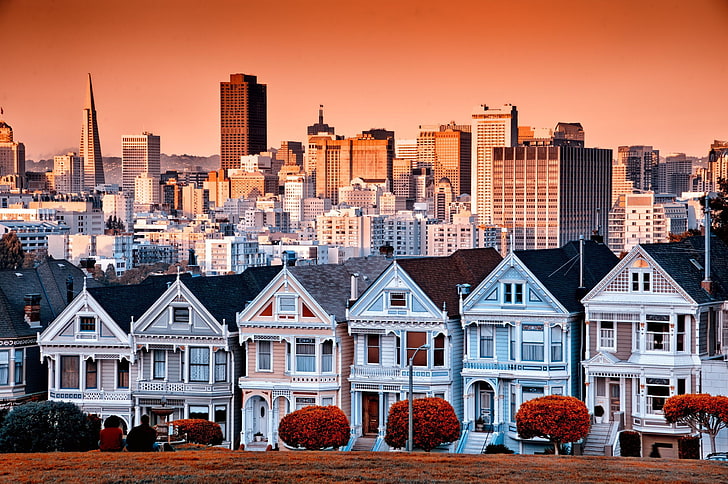 منازل بيضاء وسوداء ، الولايات المتحدة الأمريكية ، كاليفورنيا ، سان فرانسيسكو ، مدينة، خلفية HD