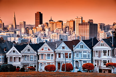 белые и черные дома, США, Калифорния, Сан-Франциско, город, HD обои HD wallpaper