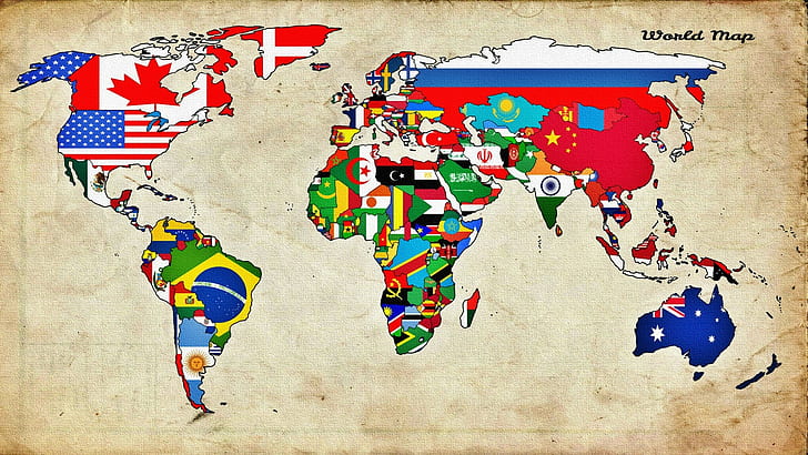  Bandera, mapa del mundo, países, mapa, mundo, Fondo de pantalla HD