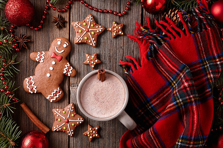 フリンジ、新年、クッキー、クリスマス、ケーキ、クリスマス、gl薬、ココア、装飾、ジンジャーブレッド、メリーと黒と赤の格子縞のスカーフ、 HDデスクトップの壁紙