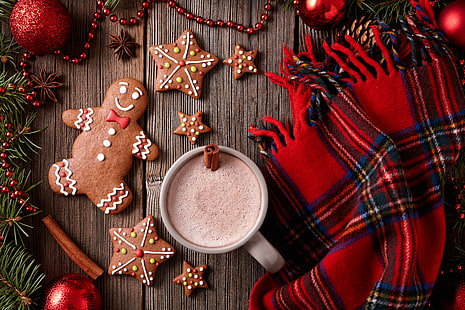 svart och röd rutig halsduk med fransar, nyår, kakor, jul, kakor, jul, glasyr, kakao, dekoration, pepparkakor, god, HD tapet HD wallpaper