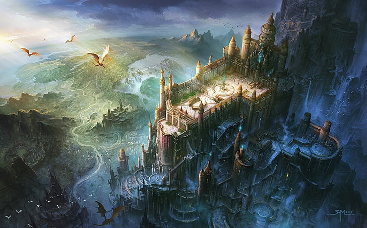 pintura de castillo, arte de fantasía, dragón, castillo, vista panorámica, Fondo de pantalla HD