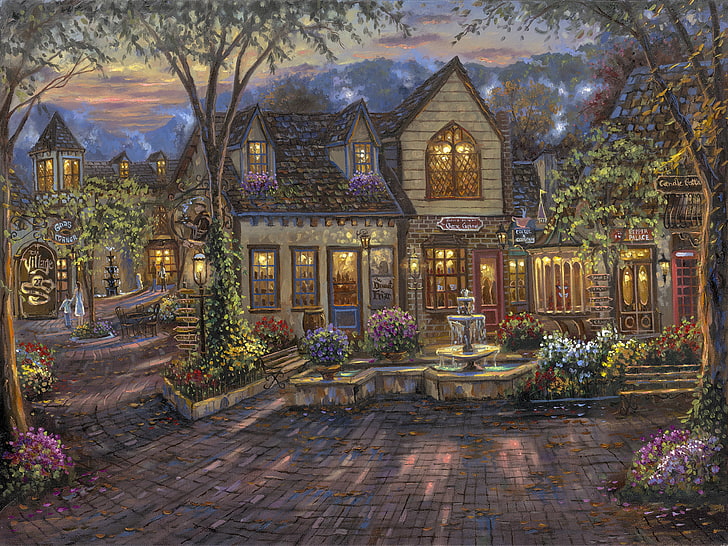 restaurant painting, flowers, home, the evening, cafe, shop, fountain, painting, Robert Finale, bench, The Village, HD wallpaper