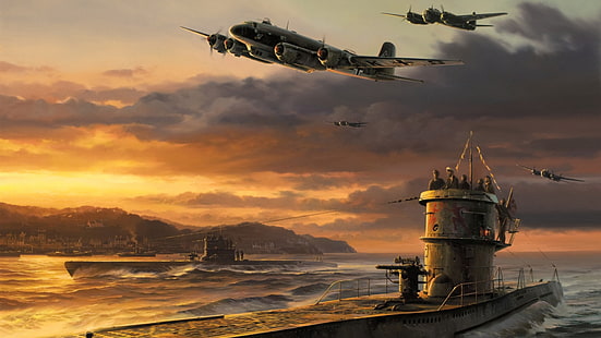 fondo de pantalla digital de crucero marrón, guerra, arte, aviones, pintura, dibujo, ww2, junker ju 88, bombardero alemán, submarino alemán, Fondo de pantalla HD HD wallpaper