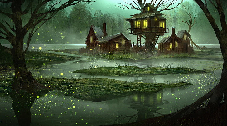 Fantasy, House, Night, Reflection, Swamp, HD wallpaper