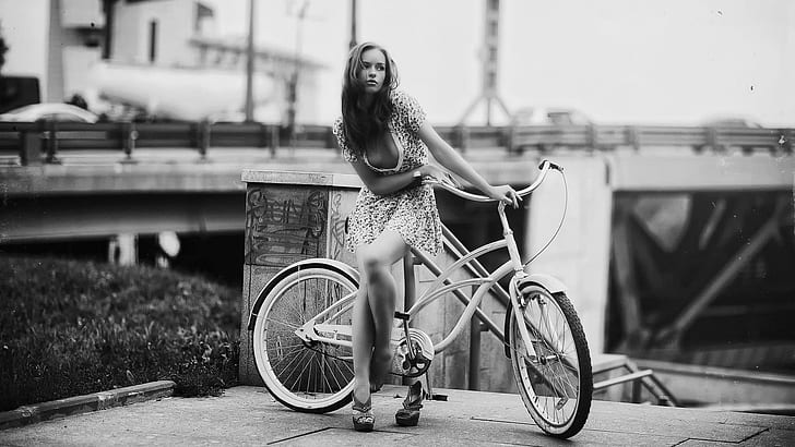 Dziewczyna, uroda, zdjęcia z jazdy na rowerze, klasyczne czarno-białe, piękny pulpit, dziewczyna, uroda, zdjęcia z jazdy na rowerze, klasyczne czarno-białe, piękny pulpit, Tapety HD
