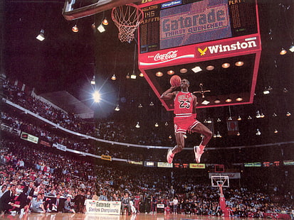 Майкъл Джордан Чикаго Булс Баскетбол Скок НБА Дънк Стоп Екшън HD, спорт, баскетбол, екшън, скок, стоп, Чикаго, НБА, Майкъл, Йордания, Бикове, потапяне, HD тапет HD wallpaper