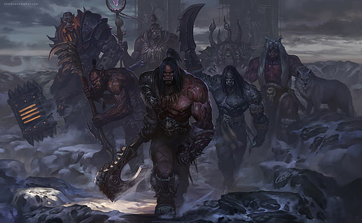 デジタルアート、アートワーク、Warcraft、World of Warcraft、ビデオゲーム、チェンボ、オーク、grommash hellscream、World of Warcraft：Warlords of Draenor、Gul'dan、Durotan、Blackhand、Bladefist、Ner'zhul、Kilrogg Deadeye、 HDデスクトップの壁紙