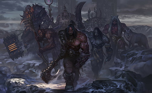 World of Warcraft, World of Warcraft: Draenor Savaş Ağaları, Blackhand (World of Warcraft), Grommash Hellscream, Gul'dan (World of Warcraft), Kargath Bladefist, Kilrogg Deadeye (World of Warcraft), Ner'zhul (World of Warcraft), Ork, Savaşçı, Beyaz Kurt, HD masaüstü duvar kağıdı HD wallpaper