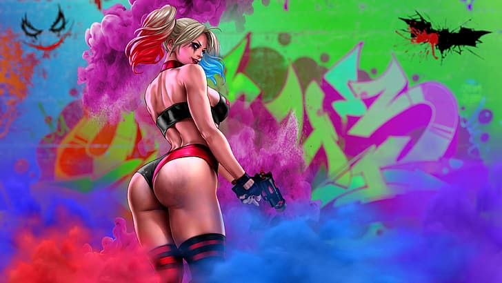 obra de arte, Harley Quinn, DC Comics, graffiti, colorido, Fondo de pantalla HD