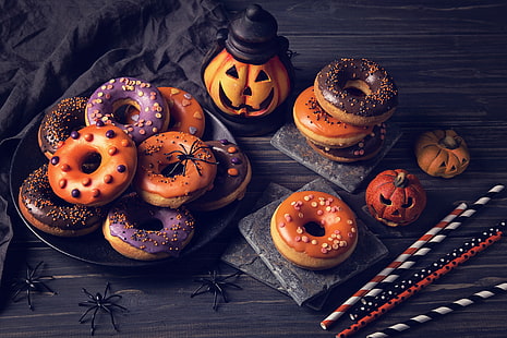 паук, хэллоуин, тыква, пончики, пирожные, сладкое, глазурь, праздники, выпечка, HD обои HD wallpaper