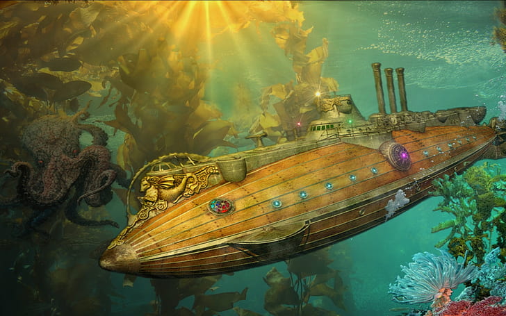 sztuka, fantasy, fi, ocean, punk, sci, Steampunk, łódź podwodna, pojazdy podwodne, Tapety HD
