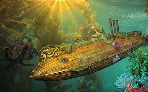 seni, fantasi, fi, lautan, punk, sci, Steampunk, kapal selam, bawah air, kendaraan, Wallpaper HD HD wallpaper