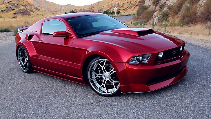 червено купе, Ford Mustang, червени коли, кола, превозно средство, HD тапет