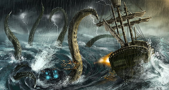 Kraken attacking sailing ship, artwork, fantasy art, rain, sea, tentacles, sea monsters, sailing ship, HD wallpaper HD wallpaper