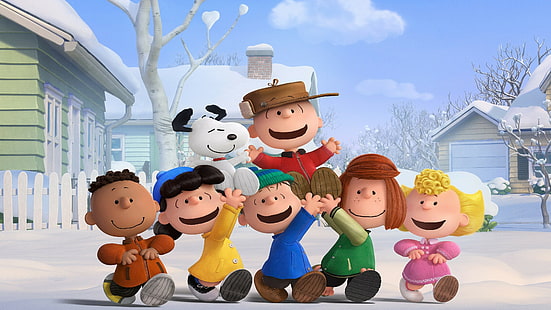 Adegan film The Peanuts, The Peanuts Movie, Snoopy, Charlie Brown, musim dingin, teman-teman, Wallpaper HD HD wallpaper