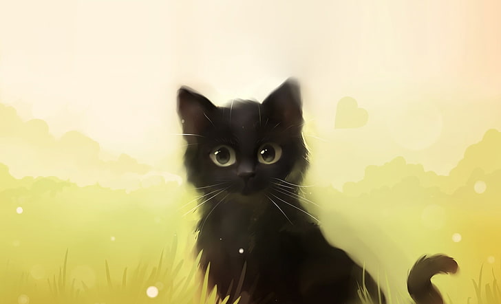 черная кошка цифровые обои, кошка, трава, котенок, черный, арт, Apofiss, HD обои