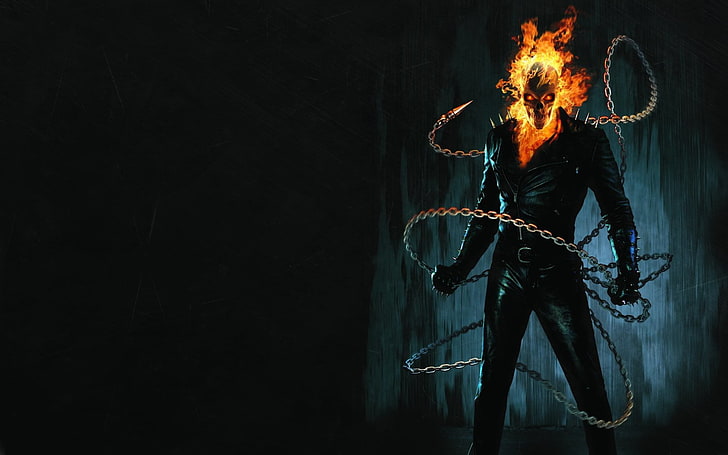 Ghost Rider digital wallpaper, the dark background, fire, chain, skeleton, Ghost Rider, HD wallpaper