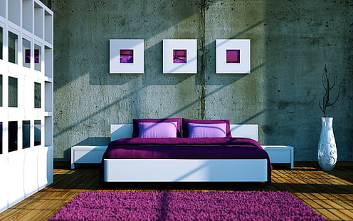 تصميم غرفة نوم بأسلوب جديد ، مجموعة غرف نوم بنفسجية وأبيض ، غرفة نوم ، أثاث ، تصميم داخلي، خلفية HD HD wallpaper