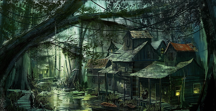 Casas cerca de la ilustración del cuerpo de agua, arte de fantasía, pantano, Fondo de pantalla HD