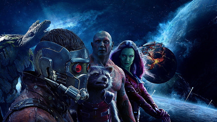 Drax The Destroyer、Gamora、Groot、Guardians Of The Galaxy、Guardians of the Galaxy Vol。2、映画、惑星、ロケットアライグマ、宇宙、スターロード、ゾーイ・サルダナ、 HDデスクトップの壁紙