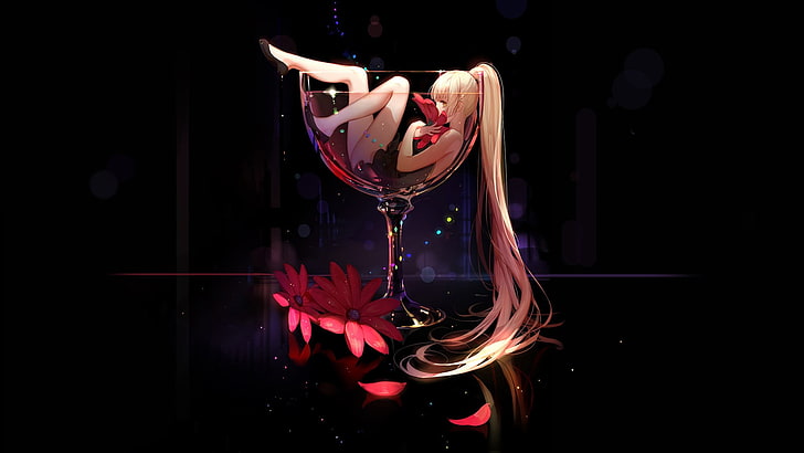 weißhaarige weibliche Anime-Charaktertapete, ohne Titel, Anime-Mädchen, originelle Charaktere, Wein, langes Haar, blond, HD-Hintergrundbild