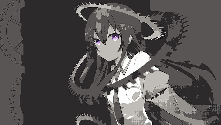 woman wearing white collared shirt anime character, Steins;Gate, Makise Kurisu, gears, purple eyes, HD wallpaper