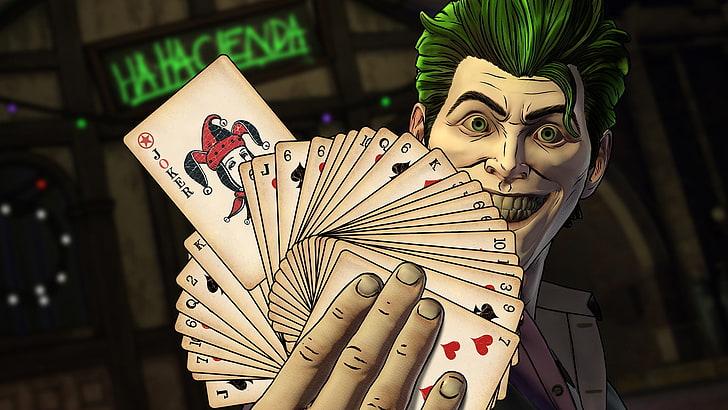 Il gioco, Look, Card, Smile, Joker, Villain, Game, DC Comics, Telltale Games, Green hair, Comics, Screenshot, Cards, Batman: The Enemy Within, Episodio 2: The Pact, Sfondo HD