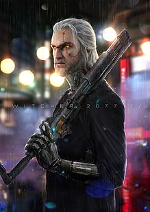 ภาพแอ็คชั่นสีดำและสีเทา, ศิลปะดิจิตอล, งานศิลปะ, ผู้ชาย, การแสดงภาพบุคคล, วีดีโอเกมส์, Cyberpunk 2077, ครอสโอเวอร์, Geralt of Rivia, CD Projekt RED, ผมขาว, ผมยาว, นิยายวิทยาศาสตร์, cyberpunk, ตาสีส้ม, ปืน, ฝน, วอลล์เปเปอร์ HD HD wallpaper