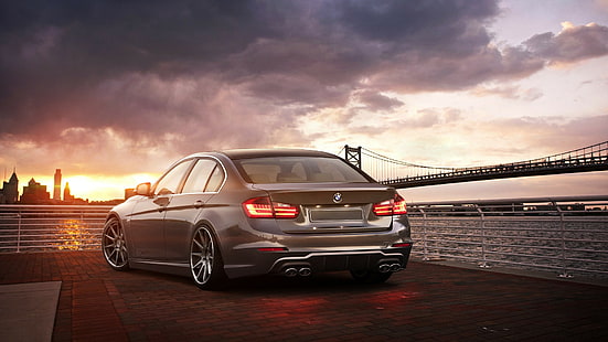 BMW 3 Series F30, BMW 3 Series F30, 335i, ด้านหลัง, สะพาน, พระอาทิตย์ตก, วอลล์เปเปอร์ HD HD wallpaper