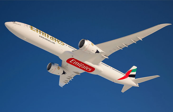 white Emirates airplane, The sky, Weather, Wings, Boeing, Height, Flight, sky, Emirates, UAE, 777, plane, The plane, Passenger, United, Airliner, Arab, HD wallpaper
