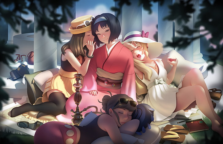 pokemon, serena, erika, roupas japonesas, dormindo, vestidos, anime, HD papel de parede