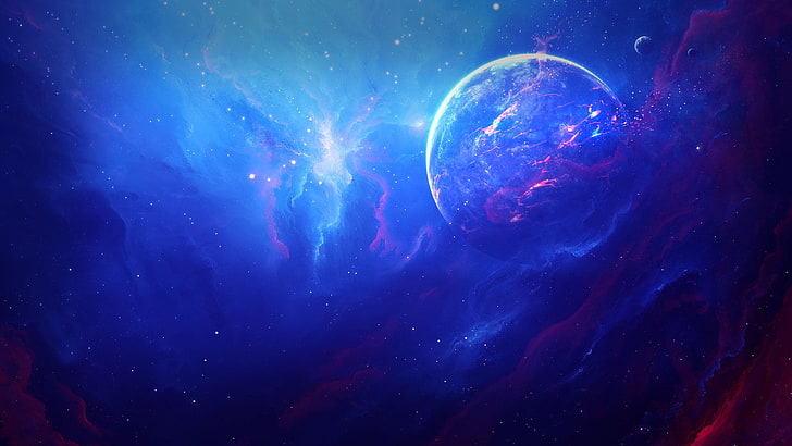 planet illustration, nebula, space, blue, red, planet, galaxy, space art, HD wallpaper