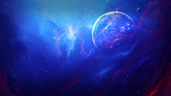 ภาพประกอบดาวเคราะห์, เนบิวลา, อวกาศ, สีน้ำเงิน, สีแดง, ดาวเคราะห์, กาแลคซี, ศิลปะอวกาศ, วอลล์เปเปอร์ HD HD wallpaper