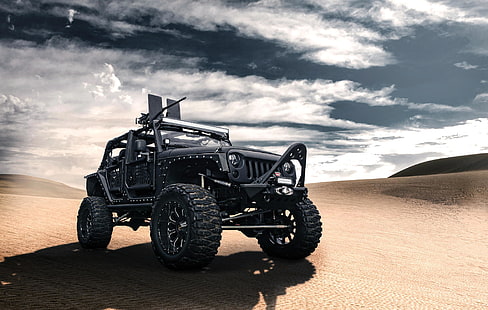 черен джип Jeep Wrangler, черен, пустиня, отпред, картечница, Wrangler, Jeep, HD тапет HD wallpaper