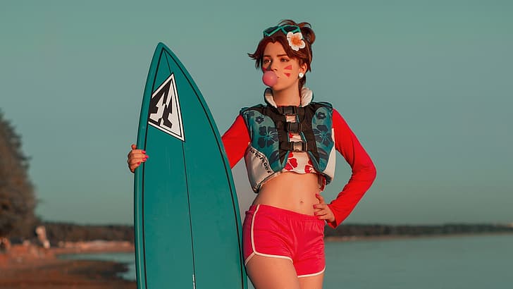 girl, sweetheart, shorts, surfing, cosplay, HD wallpaper