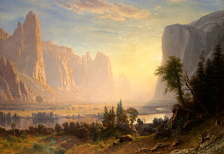 yeşil yapraklı ağaç, manzara, dağlar, doğa, göl, resim, Yosemite Vadisi, Albert Bierstadt, HD masaüstü duvar kağıdı HD wallpaper