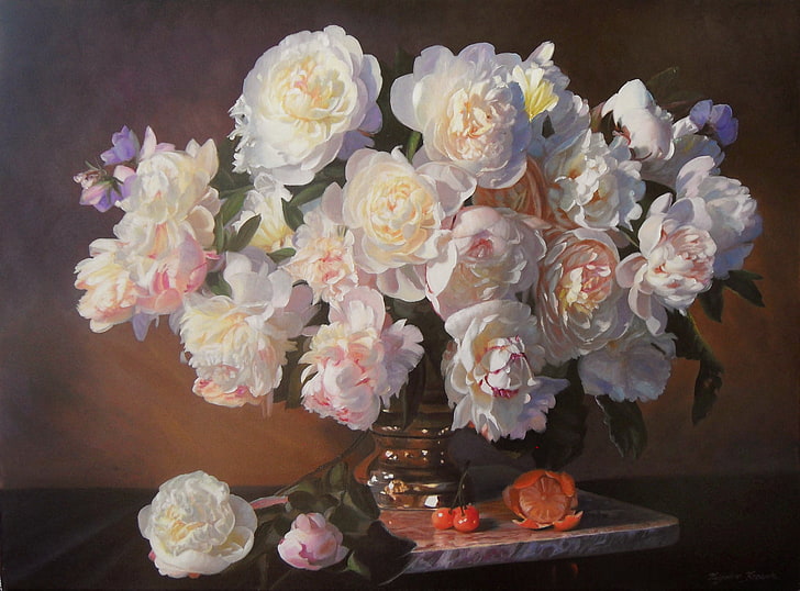 flores brancas e rosa pintura, flores, laranja, buquê, imagens, vaso, fruta, natureza morta, cereja, peônias, Zbigniew Kopania, HD papel de parede