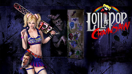 Lollipop Chainsaw Chainsaw Juliet Starling Cheerleader Zombie Lockers HD, близалка за моторни триони, видео игри, зомби, моторен трион, близалка, мажоретка, жулиета, скорец, шкафчета, HD тапет HD wallpaper