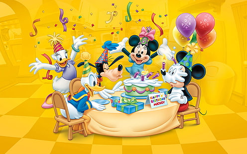 Happy Birthday Mickey Celebration Birthday Cake Balloon Candles gifts Hd Desktop Wallpaper 1920×1200, HD wallpaper HD wallpaper