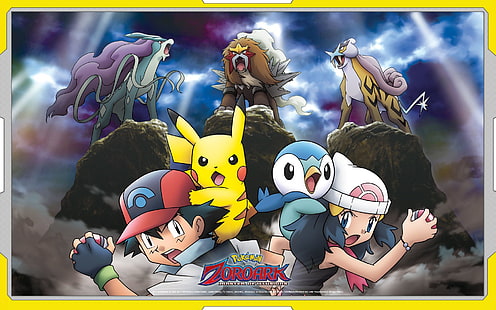 Película, Pokémon: Zoroark: Master of Illusions, Ash (Pokémon), Dawn (Pokémon), Entei (Pokémon), Pikachu, Piplup (Pokémon), Raikou (Pokémon), Suicune (Pokémon), Fondo de pantalla HD HD wallpaper