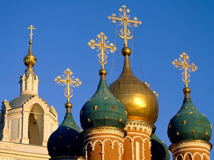 금색과 녹색 대성당, 하늘, 모스크바, 돔, HD 배경 화면