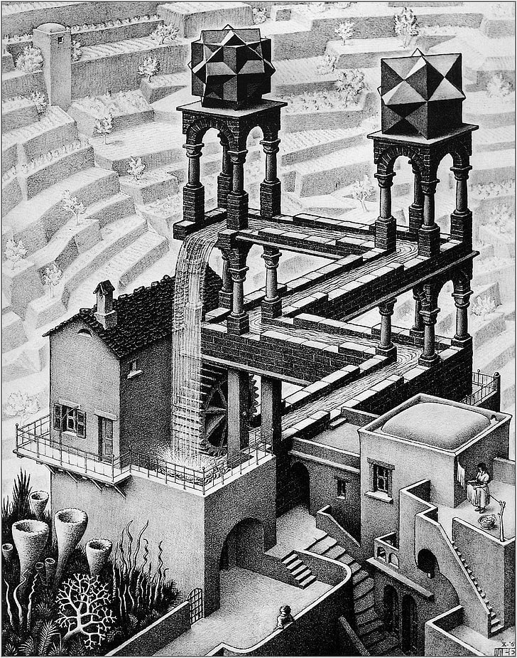 foto grayscale dari bangunan, lingkaran, M. C. Escher, ilusi optik, litograf, air terjun, Wallpaper HD, wallpaper seluler