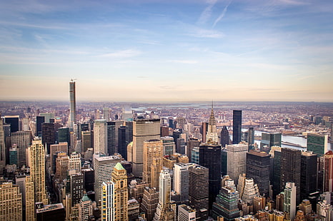 zdjęcia lotnicze panoram miejskich w ciągu dnia, Nowy Jork, miejski Skyline, pejzaż miejski, wieżowiec, manhattan - Nowy Jork, USA, dzielnica śródmieścia, słynne miejsce, miasto, architektura, scena miejska, stan Nowy Jork, Empire State Building, widok z lotu ptaka , biznes, budynek biurowy, budynek Na zewnątrz, zbudowany Struktura, zachód słońca, wieża, midtown Manhattan, rzeka hudson, Tapety HD HD wallpaper