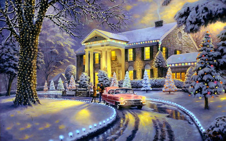 Home For Christmas, lights, lovely, vintage, christmas, present, house, snow, couple, light, home, winter, painting, HD wallpaper