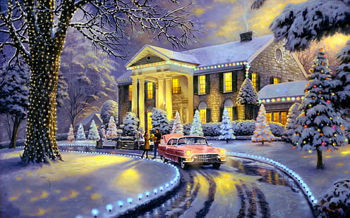 クリスマスの家、ライト、素敵なヴィンテージ、クリスマス、プレゼント、家、雪、カップル、光、家、冬、絵画、 HDデスクトップの壁紙 HD wallpaper