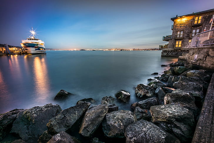 photography of ocean with rock at night, san francisco, sausalito, san francisco, sausalito, San Francisco, Sausalito, United States, photography, ocean, rock, at night, mm, boat  bridge, clouds, hotel, landscape, long exposure, photo, pier, reflection, sea, sky, sony a7, sunset, travel, voigtlander, California, night, harbor, famous Place, europe, architecture, dusk, HD wallpaper