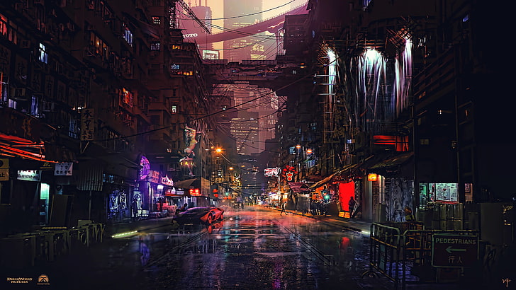 carta da parati luci della città, schermata dei videogiochi per auto, notte, città futuristica, cyberpunk, cyber, fantascienza, arte digitale, Ghost in the Shell, concept art, Sfondo HD