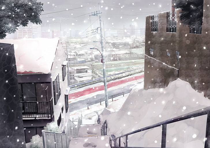 barandillas negras, ciudad, nieve, invierno, anime, escaleras, paisaje urbano, Fondo de pantalla HD